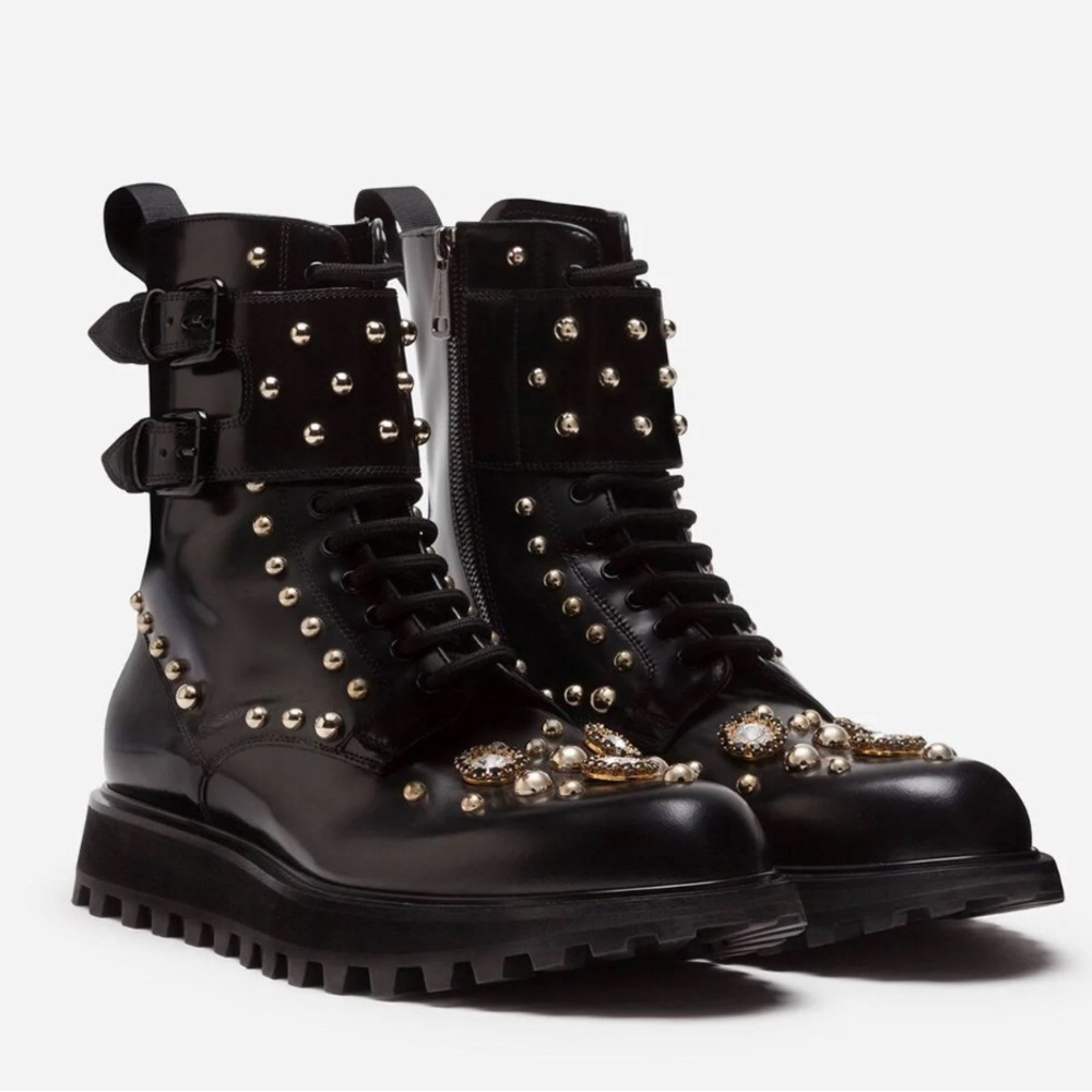 Dolce & Gabbana 9 Naxos combat boot studded jeweled lace up zip crown embossed